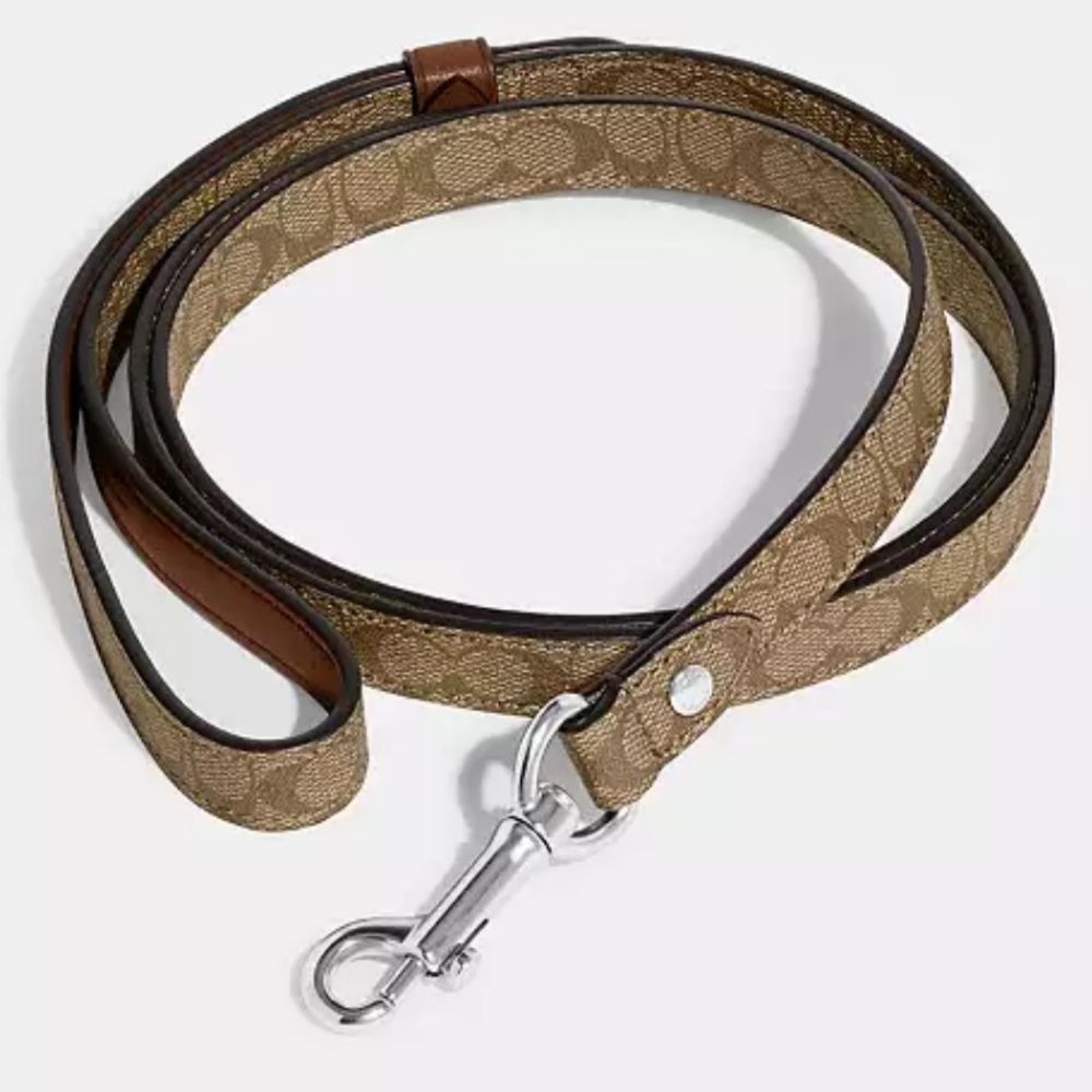 Coach Signature Canvas Dog Leash in Khaki Brown with Silver Hardware